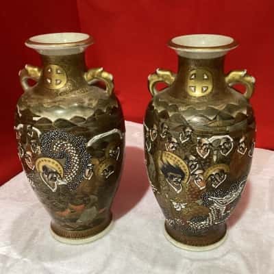 Pair of Antique Japanese Satsuma Earthenware Vases