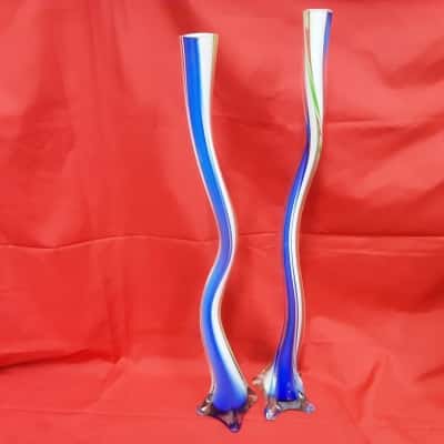 Pair blue white green tone hand blown  Art Glass tall skinny vase