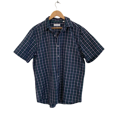 David Jones Mens  Size L Checked Shirt / Short Sleeve Shirt Green / Navy Blue / White 