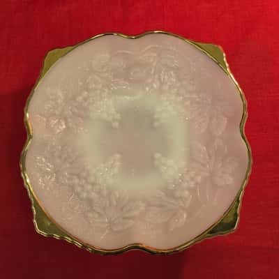 Beautiful Milk Glass Bowl with Gold Rim Featuring a Grape design