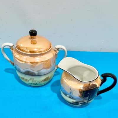  Vintage Creamer & Lidded Sugar Bowl-Hand Painted Scenery 
