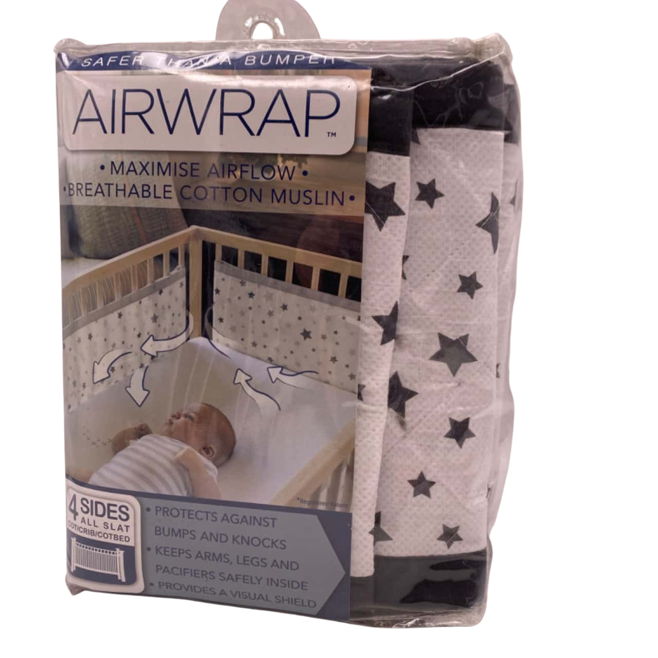 NWOT Airwrap Cot Liner Mesh 4 Sides Muslin White & Navy Stars RRP 40(s)