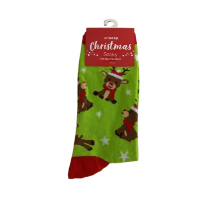 New Artwrap  Unisex Christmas Socks One Size Fits Most: Lime Green Rudolph Print #1019-1-PP