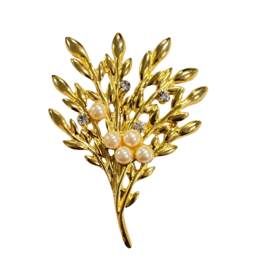 Gold / Pearls Branch and Leaves Brooch