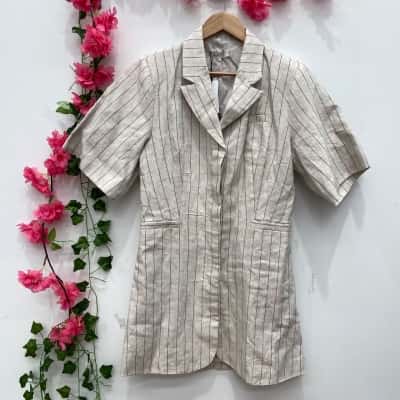 AERE Womens Linen Pinstripe Blazer Dress Size 12 Beige 