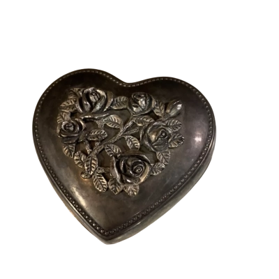 Silver Plated Rose Design Heart Trinket Box 