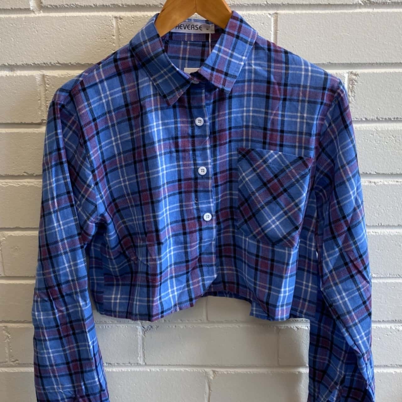 Long Sleeve Crop Blue Gingham Shirt 