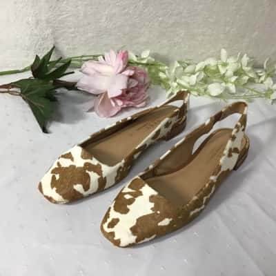 NEXT Womens Size 38W Cream / Brown Animal Print Leather Slingback Shoes (new)