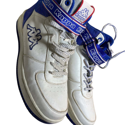 Man white and blue Kappa high-top sneakers, featuring the Omini logo on the side and Kappa lettering on the ankle strap Size 8