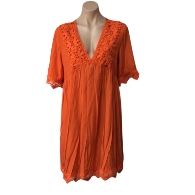 Womens Size M Orange / Lace Trim V-neck Short Sleeve Dress