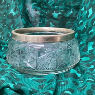 Vintage Crystal Bowl with Silver Rim