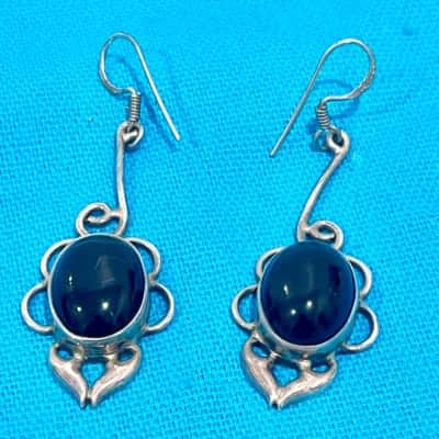 925 Silver Boho Drop Earrings Black Gemstone 