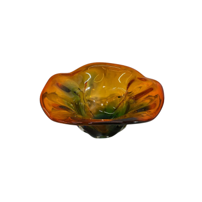Heavy Thick Art Glass Bowl. Orange/Green/Blue Hues.