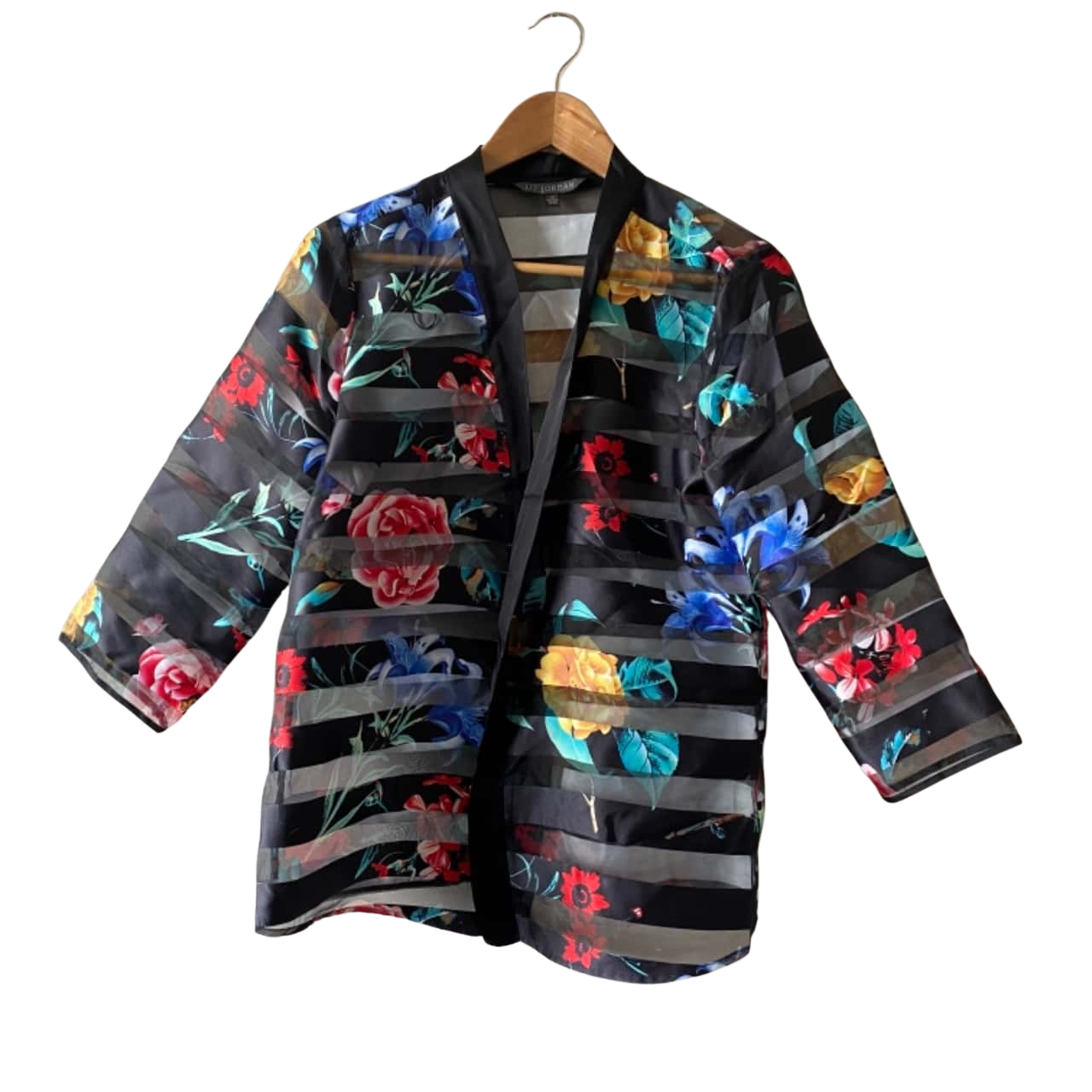 Liz Jordan Women's Size 12 Open Jacket Black Striped with Floral Design (s)