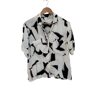 Trenery Womens  Size 10 Button Up Top / Short Sleeve Top Black  / White 