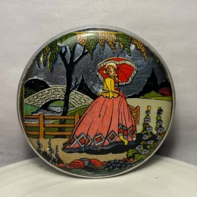 Gwenda England Powder Jar Pot 1930s Milk Glass, Foil Parasol Woman Design