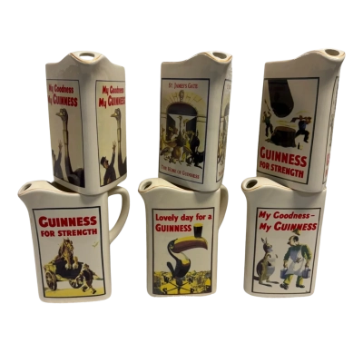 Set of 6 x Rare Vintage Guinness Ceramic Jugs w/ Graphic Prints