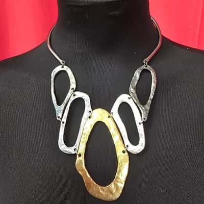  Womens Beaten Metal Necklace in gold -Silver and Charcoal with Toggle Closure