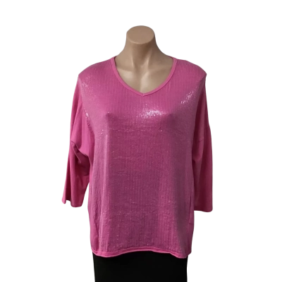 La Strada Womens Size M Pink / Sequin Front V-neck 3/4 Sleeve Top 
