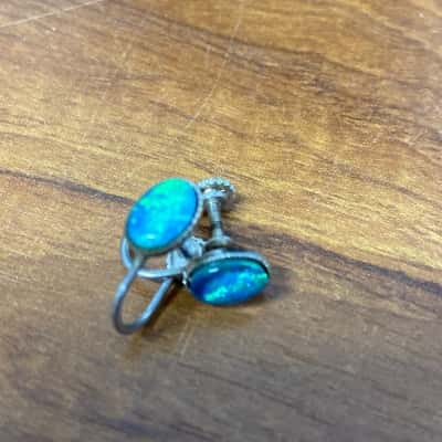 Pair of vintage screw-back earrings with blue opal type stone