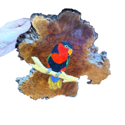 Handmade burl wood sculpture with a hand-painted parrot on a natural wood base
