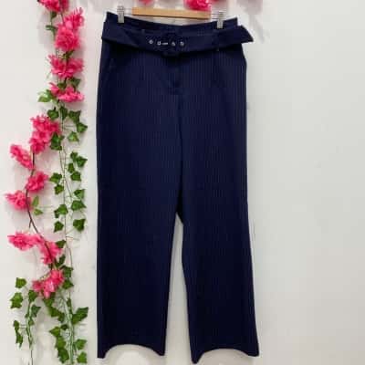 Portmans Womens Wide Leg Pants with Belt Size 14 Navy Blue / Pinstriped 