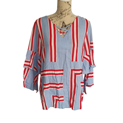 Ketz-ke  Womens  Size 12 3/4/Long Bell Sleeve Top Blue with Red/White Stripes BNWT