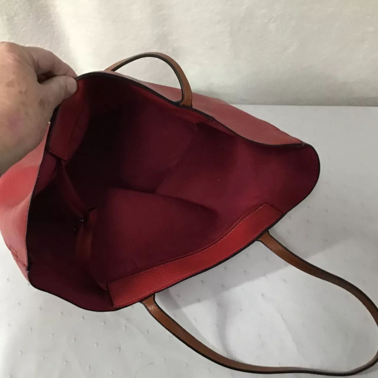 Womens Textured Red Tote Bag with Brown Straps