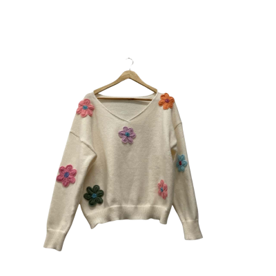  Womens  Size L V-Neck Jumper Cream / Floral 
