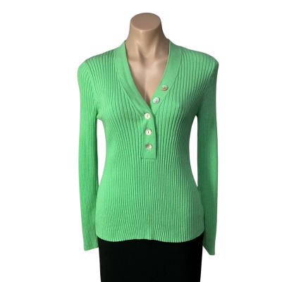 Decjuba Womens Size M Green Long Sleeve Ribbed Knit V- Neck Button Top 