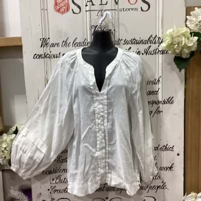 Witchery Brand! NWOT THE PERFECT LINEN PUFF SLEEVE SHIRT! Womens  Size 12 Long Sleeve Shirt / Long Sleeve Top / V-Neck Top White 