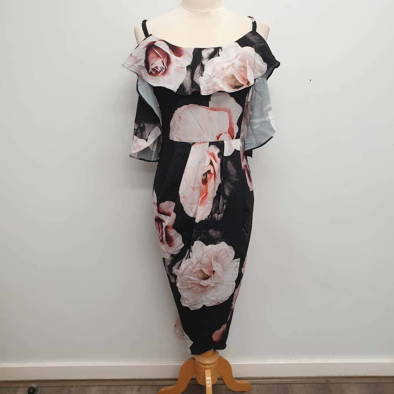 City Chic Austin Floral Stunning Bold Pink Rose Flower /Midi Dress with  Cold Shoulder Style Sleeve Detail Size S /16 - Brand New with Tags - RRP  $179.95 (s)