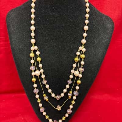  Women's Multi Strand Beaded Necklace featuring a Delicate Mix of Pink Beads, Faux Pearls and Gold Tone Highlights