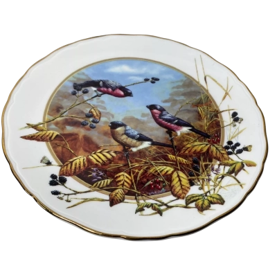 vintage Royal Doulton Seasons of the Hedgerow collector's plate titled "An Enchantment of Bullfinches" by artist 
