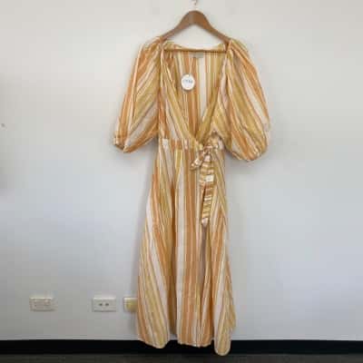 BIRD & KITE Yellow Striped Short Sleeve Wrap Maxi Dress  Size XL 