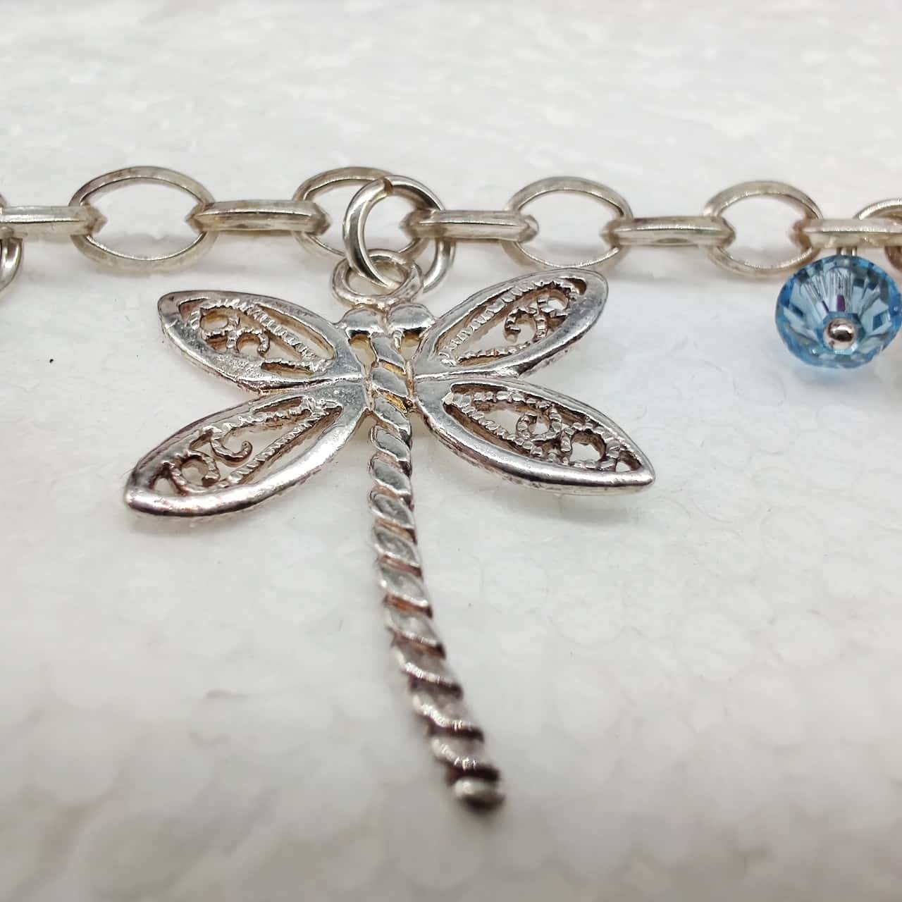 Silver Link Charm Bracelet 20cm Real Fresh Water Pearls & Blue