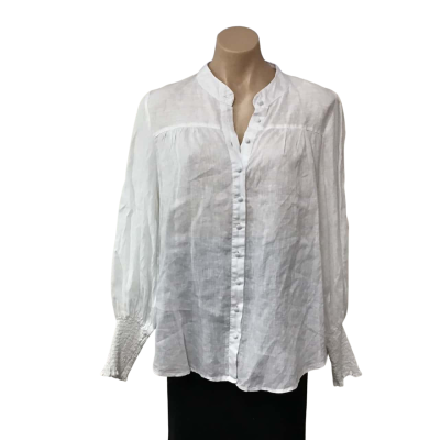 Decjuba Womens Size 14 White 100% Linen Long Sleeve Collarless Shirt 