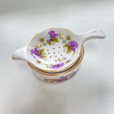 English Rose Fine Bone China Made In England Tea Leaf Strainer And Bowl Drip Catcher