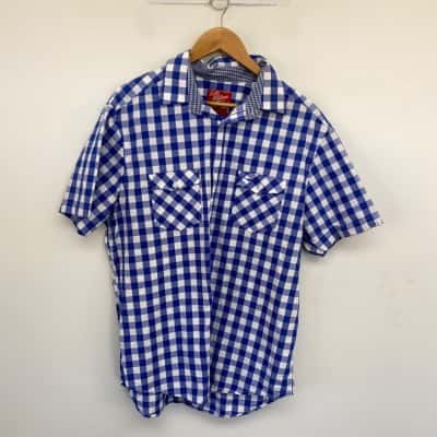 R.M. Williams Blue White Checked Classic Fit Short SLeeve SHirt  Size XL 