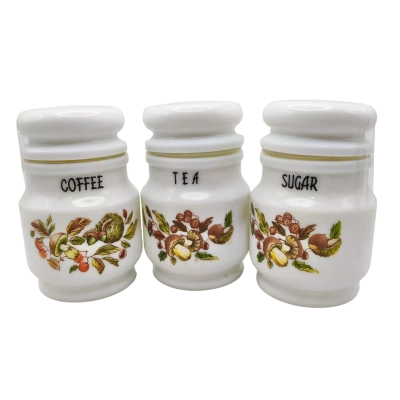 Vintage Milk Glass Tea, Coffee, Sugar Jar Canister Set Mushrooms & Nuts Pattern Décor Giorgi Italy  (brica shelf)