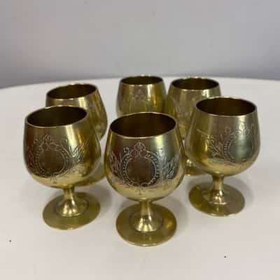 Vintage Brass mini Engraved goblets (70mm high)- set of 6 