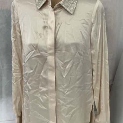 Forever New, Womens Maxine Beaded Collar Satin Shirt,  Size 8 Long Sleeve Shirt Other / Pearl , Brand New with Tag Price $99.99