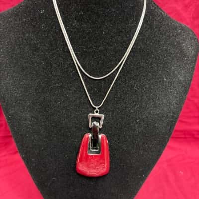  Women's Large Retangle Ruby Red Pendant on a Snake Chain Necklace 