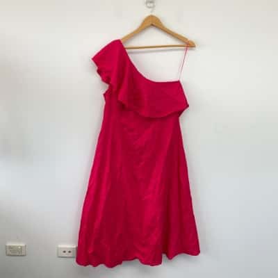 Atmos&Here Raspberry Layla Linen Blend One Shoulder Midi Dress Size 16 