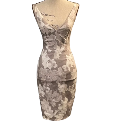 Saba Womens Size 4 Bodycon/Midi/Shoestring Strap Dress Beige/Brown/Floral