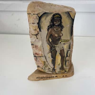 Decorative Stone Plaque With Hand-painted Scene Slice Of Rock Andamooka S. A. Aboriginal Australian Women 
