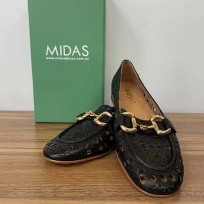 Midas Uomma-Mi Black Leather Slip-On Shoes w/ Gold Buckles US/AUS Size 5 