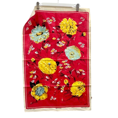 Vintage Irish Linen Red Yellow Floral Teatowel 