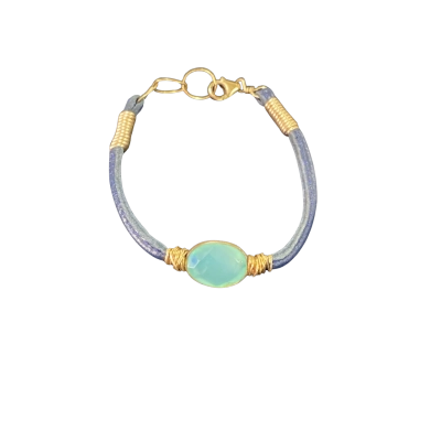  Womens Cord Bracelet Light Blue /Green Oval Gemstone 