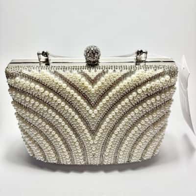   BNWT Alessia silver glitter evening clutch bag featuring Pearl & Rhinestone embellishments